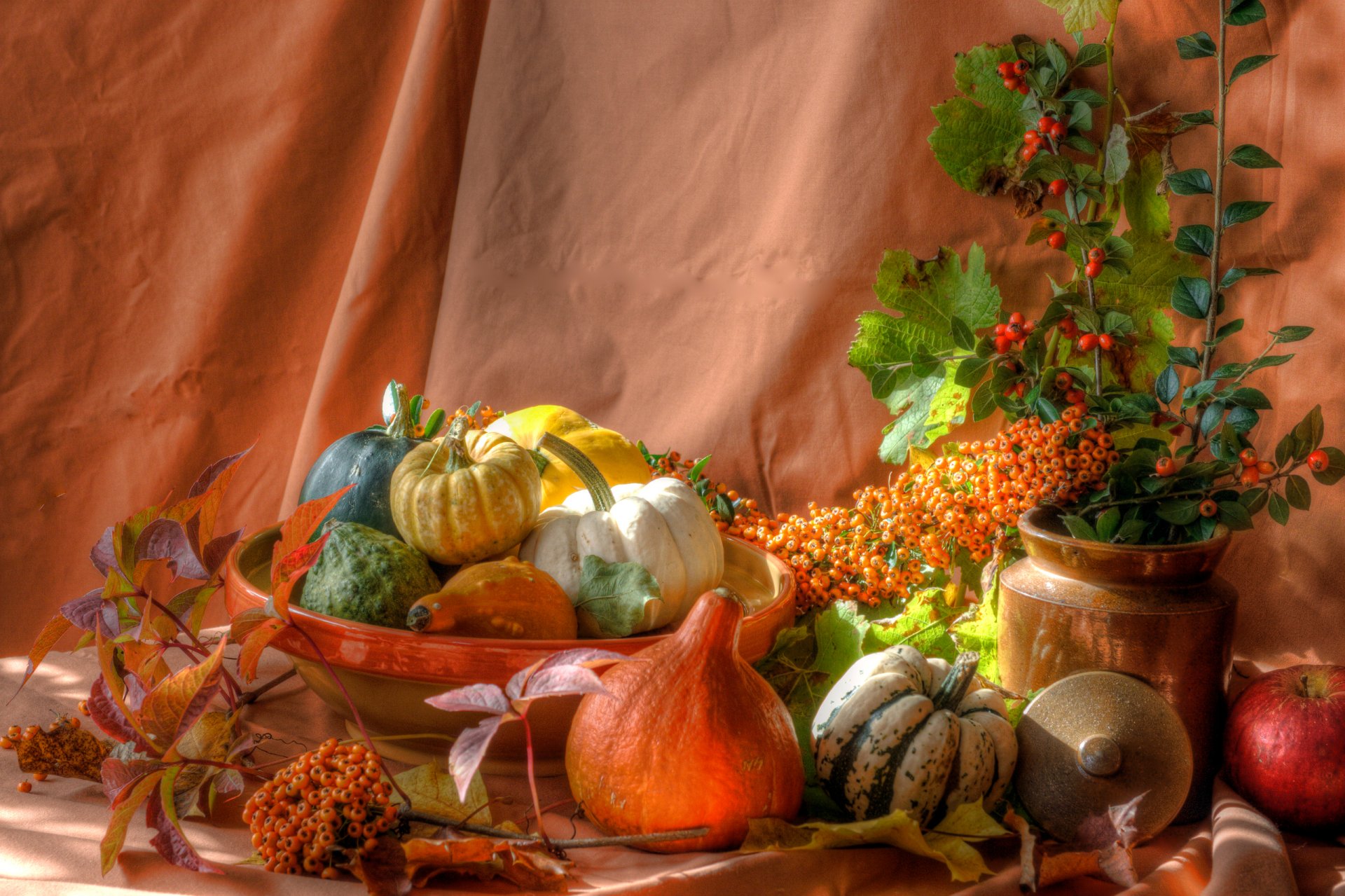 nature morte citrouille pomme feuilles baies plat