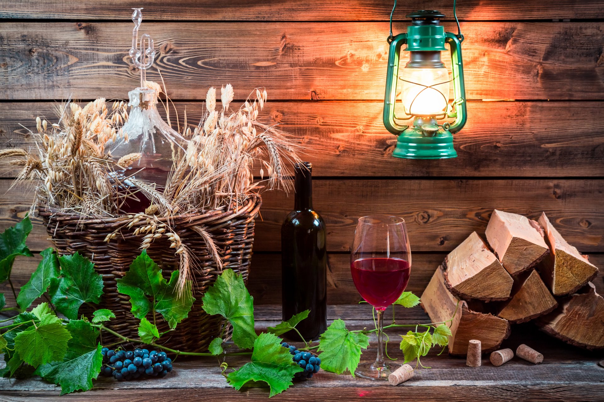 bottiglia vino rosso uva vite foglie tappi