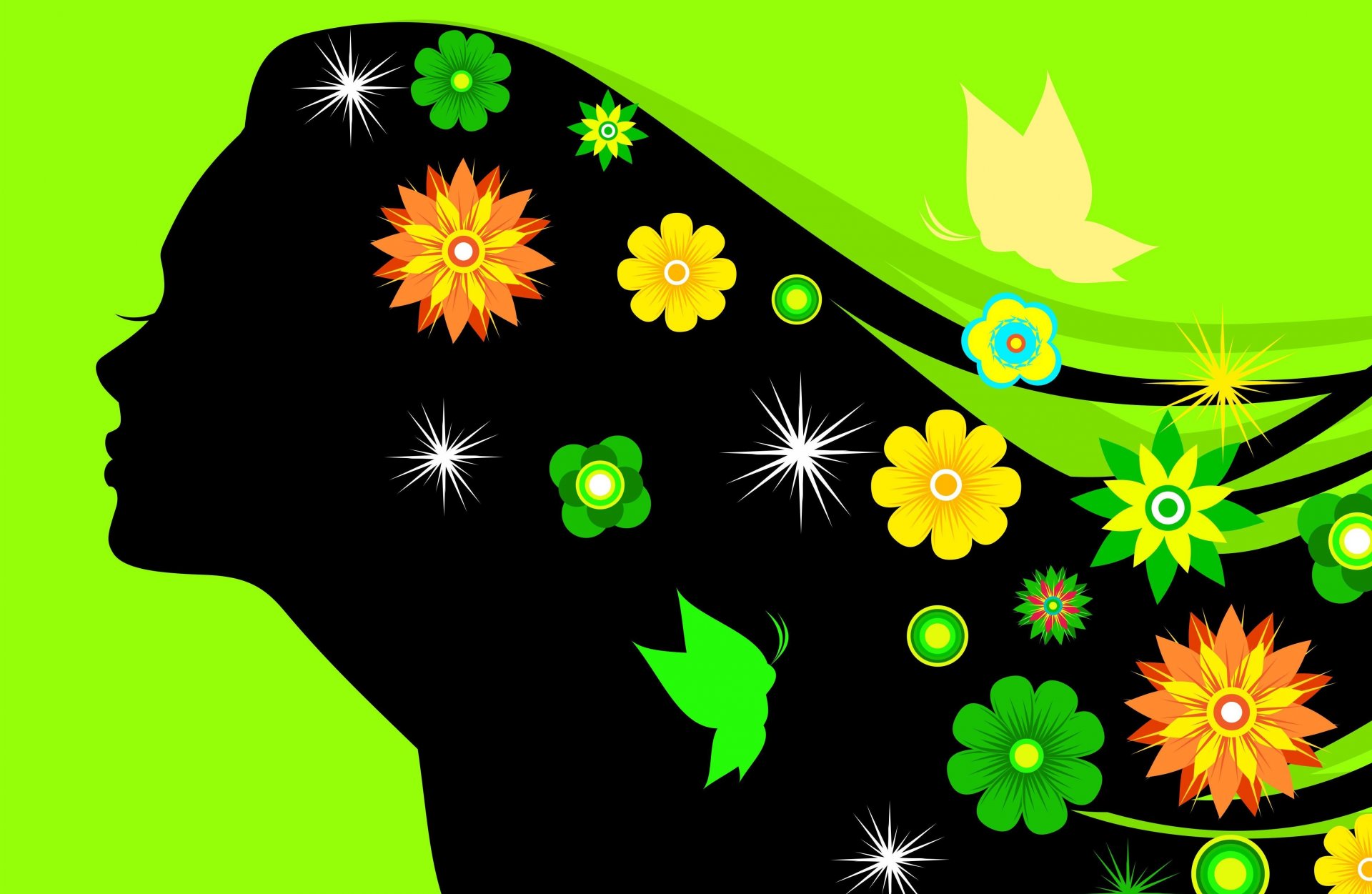 fille silhouette fleurs cils cheveux fond vert