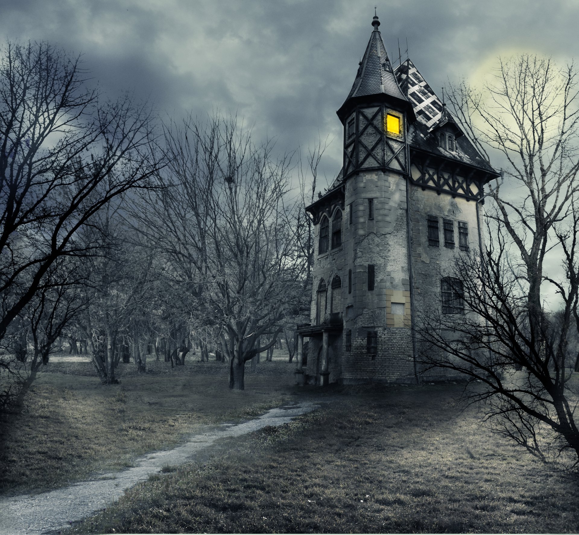 haunted house halloween castle creepy scary trees full moon sky clouds night haunted house creepy scary full