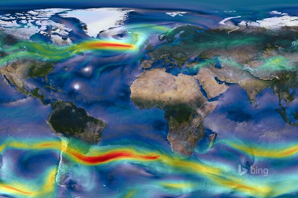 Mapa del mundo con corrientes de viento en color