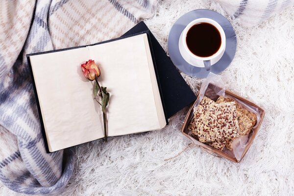 Bild eines Notizbuchs und einer Rose auf dem Hintergrund einer warmen Decke und einer Tasse heißen Kaffees