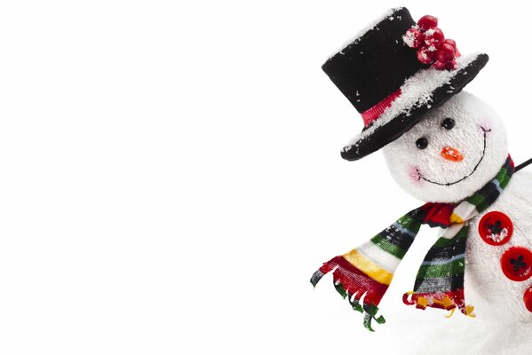 Bonhomme de neige souriant dans un chapeau avec une écharpe