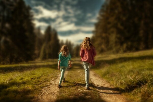 Due ragazze passeggiando nella natura