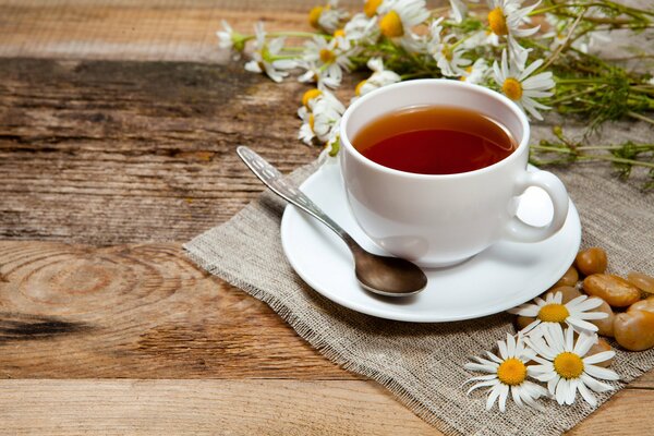 A cup of tea on a saucer is on the table