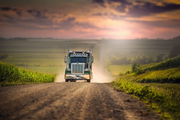 Spacious road with a large truck