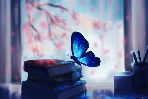 Mariposa mágica en un libro sobre un fondo de Sakura