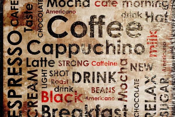 Lettering con nombres de café en Inglés