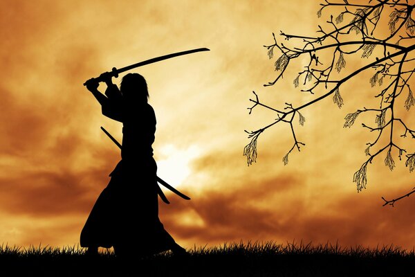 A dark silhouette of a samurai with a katana against the sunset sky