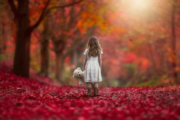 Ragazza con giocattolo sullo sfondo di autunno dorato