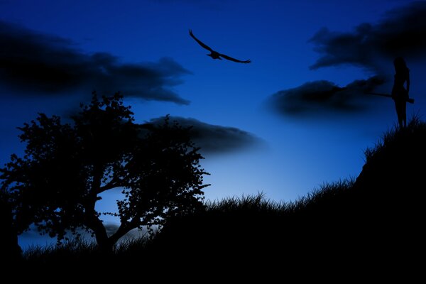 Silhouette of a girl with a gun in the night against the dark sky