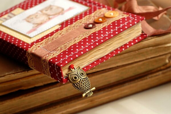 A beautiful book with a bookmark and a metal owl