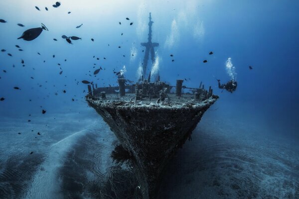 Advertising banner with a cup of coffee ship that fell to the bottom of the ocean