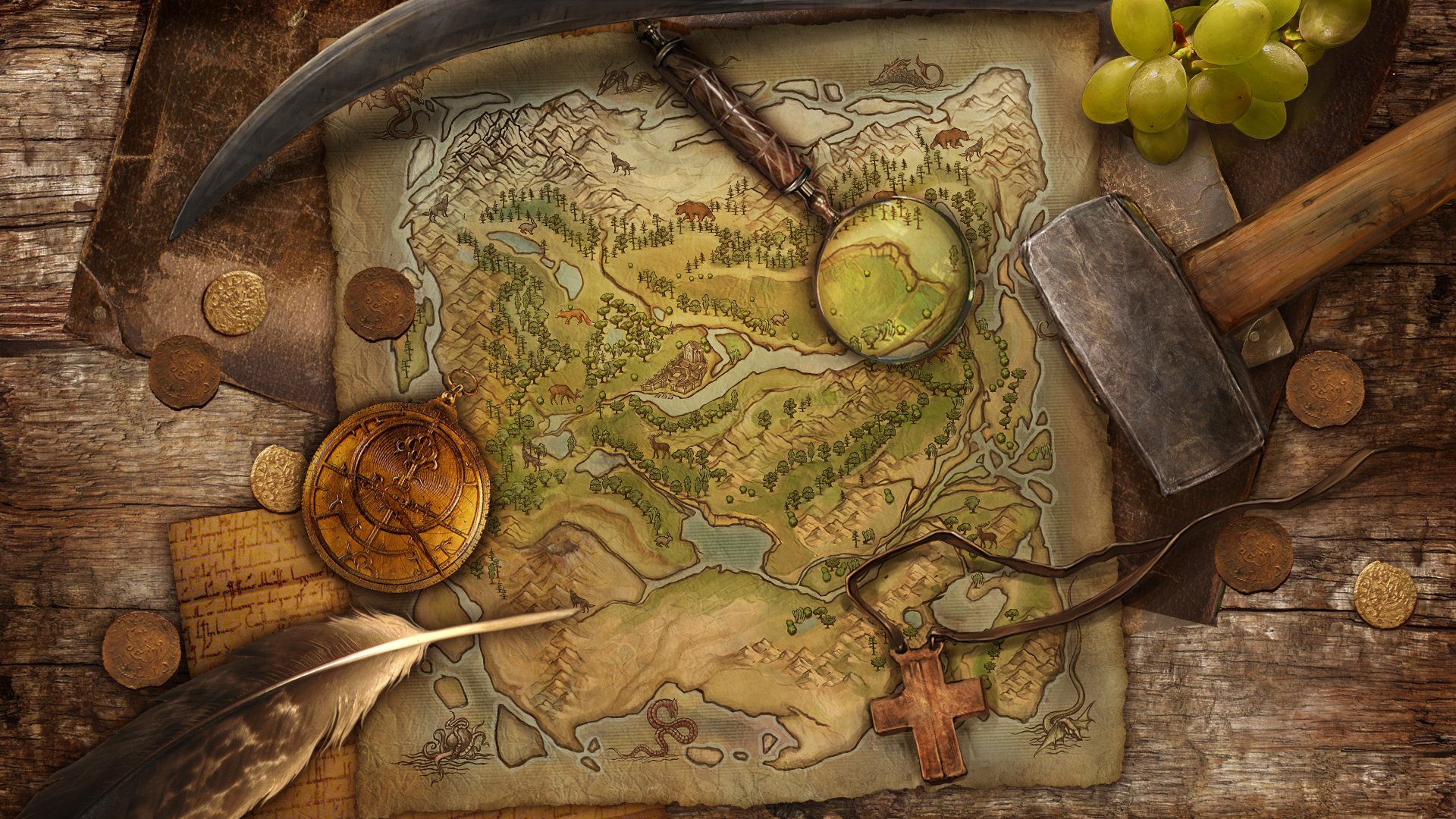 mappa gioco uva bussola monete tesoro piuma martello croce
