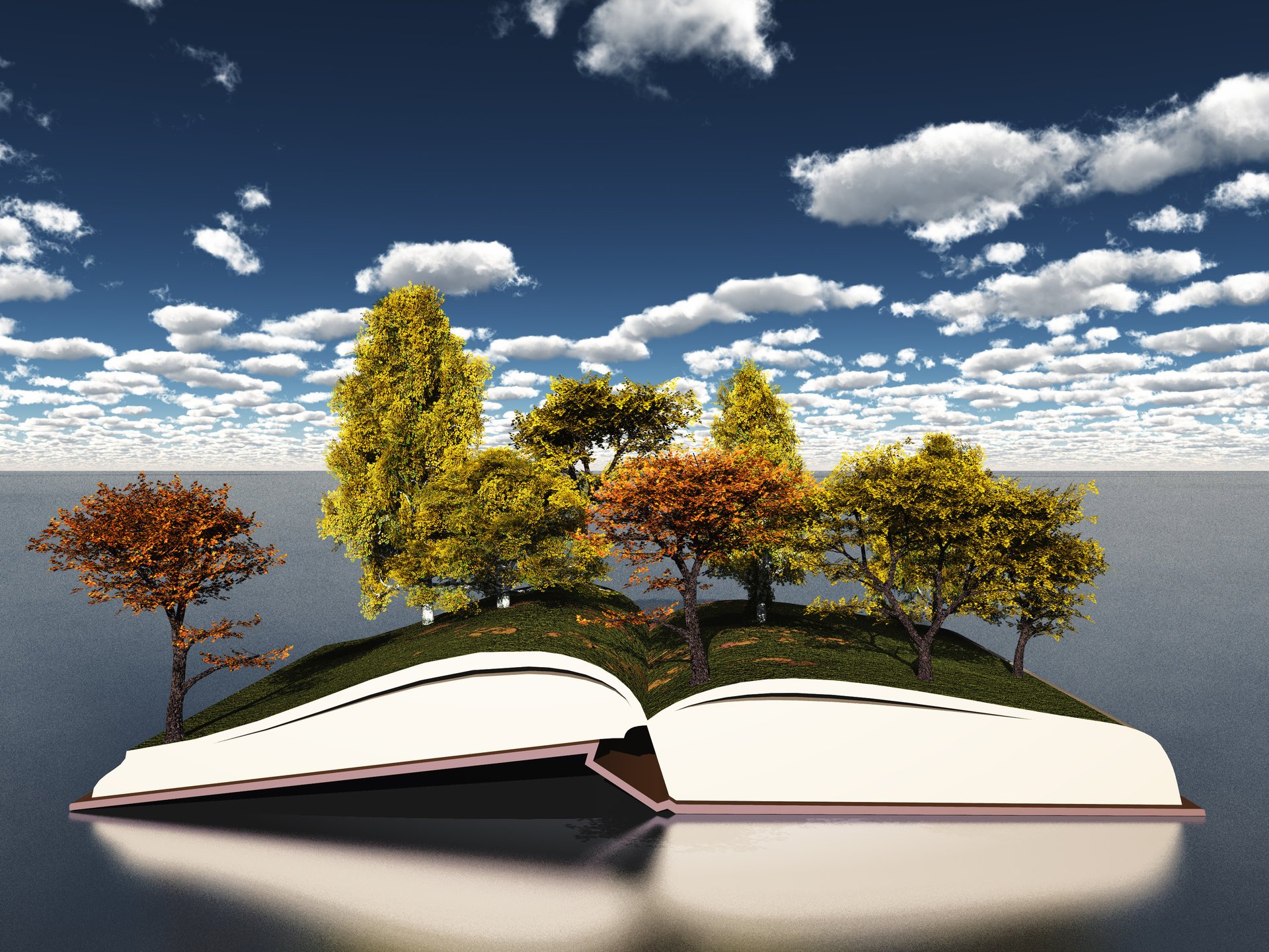 open book autumn tree foliage clouds sky