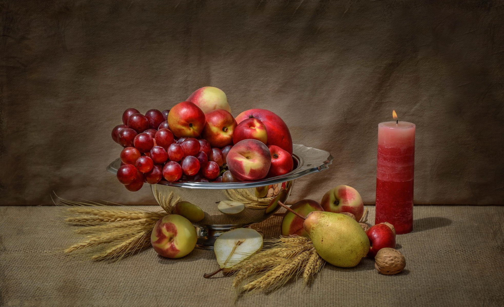 till life apples grapes fruits pear walnut candle