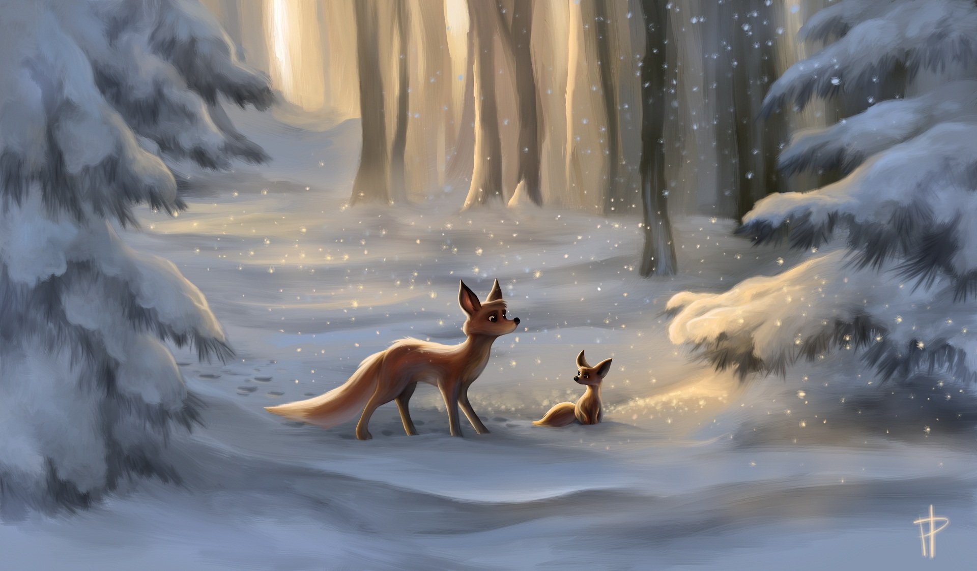 art painted landscape fox fox cub snow