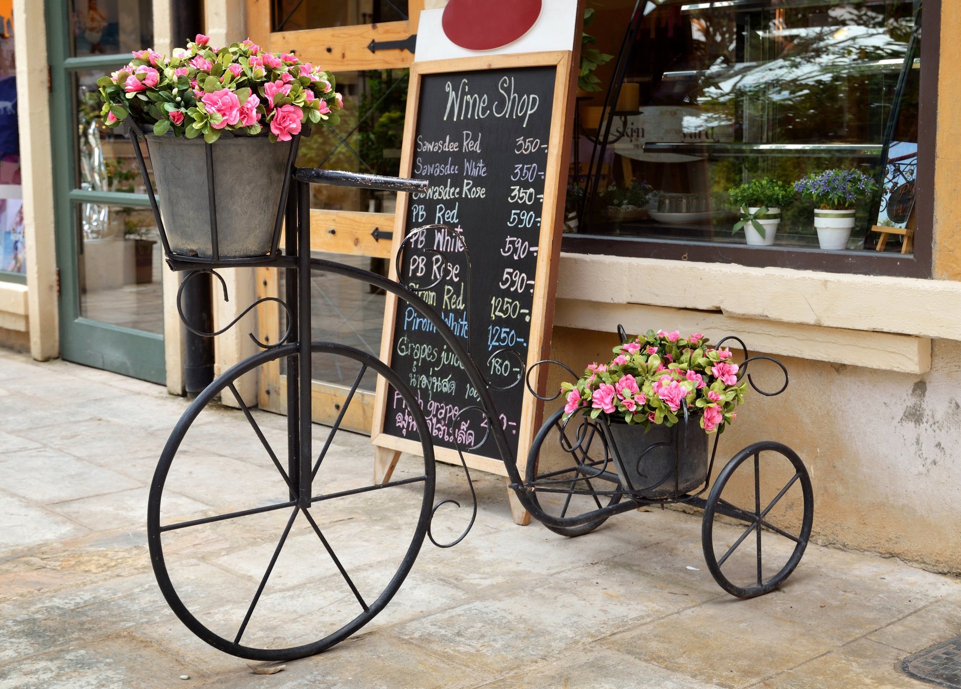 vaso di fiori stand bicicletta fiori rosa finestra vetrina città