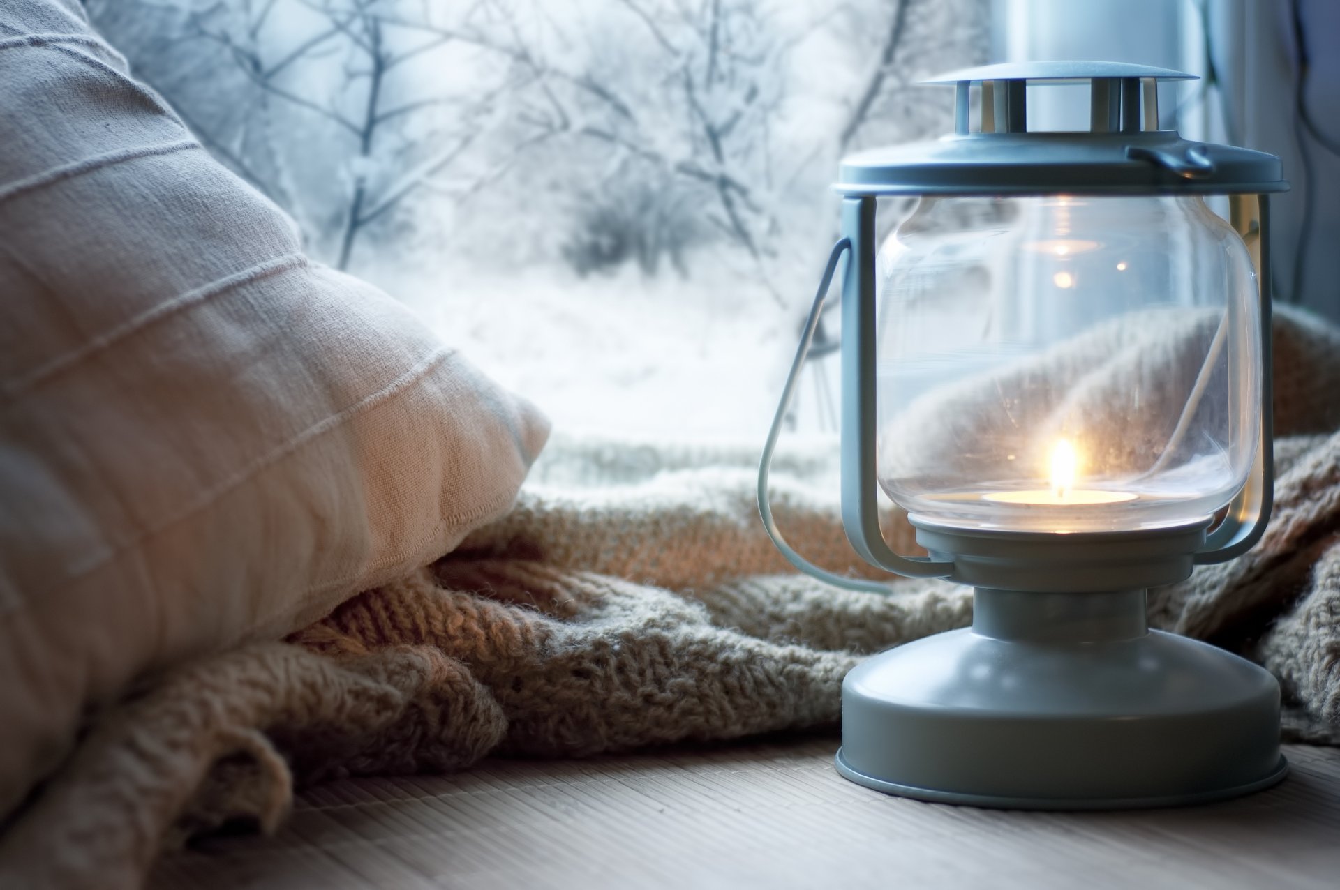 kerosene lamp candle window pillow plaid winter snow comfort