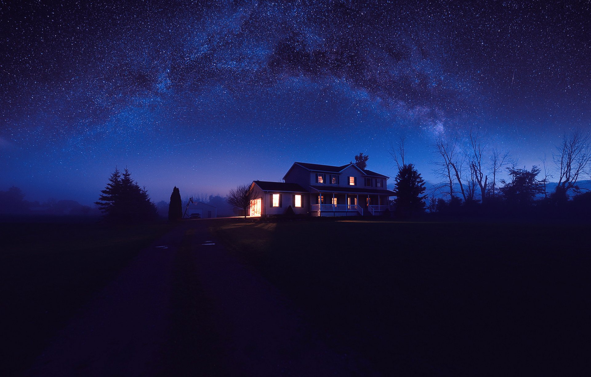 night dark sky star house light road tree nature