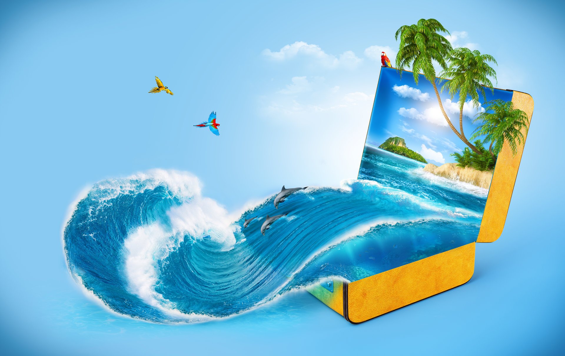 creative bag palm sea wave parrots dolphin