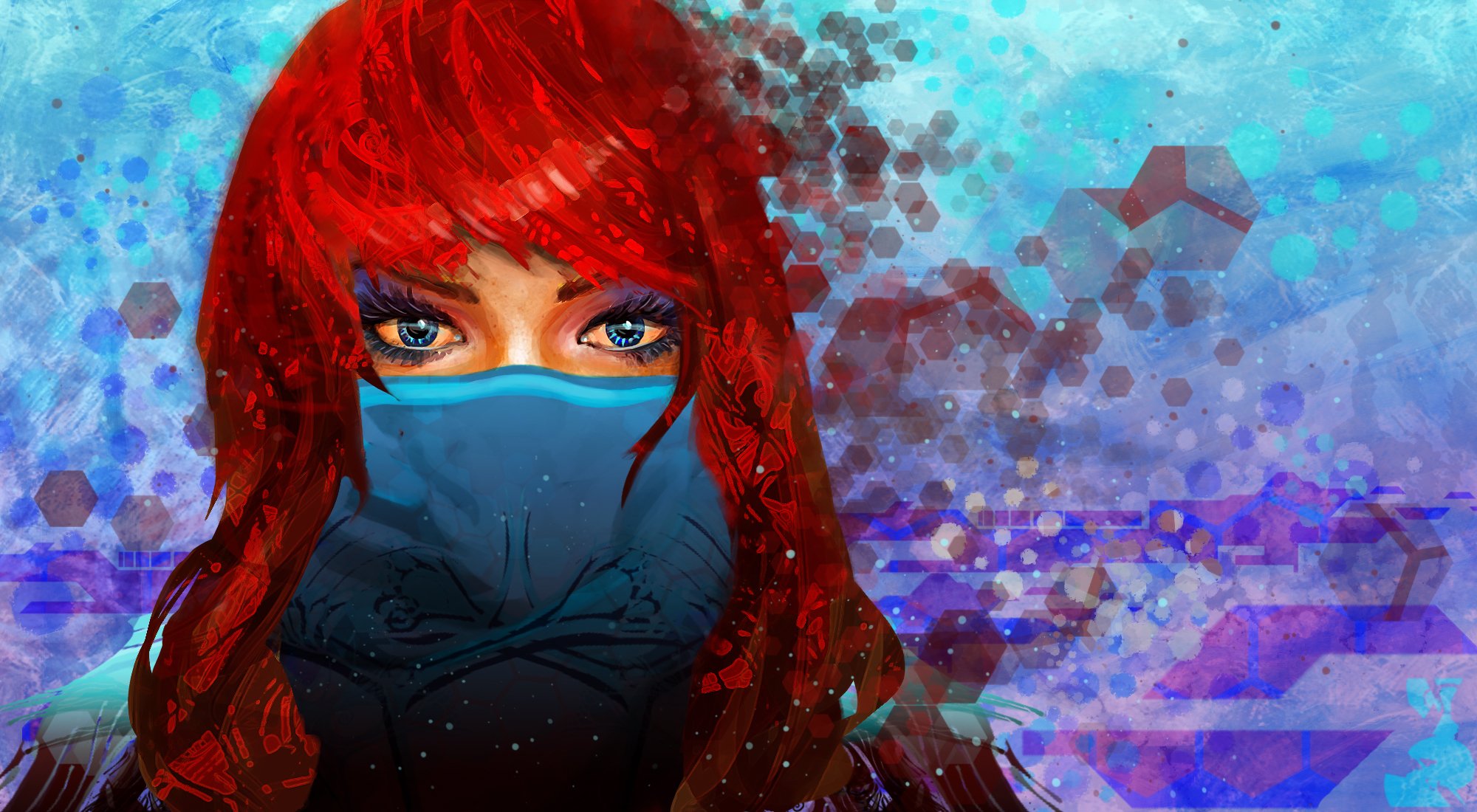 girl red hair view blue eyes mask art