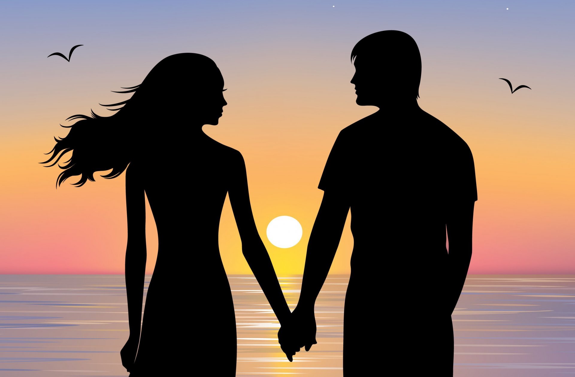 fille garçon silhouette couple couple mains amour vue ciel oiseaux