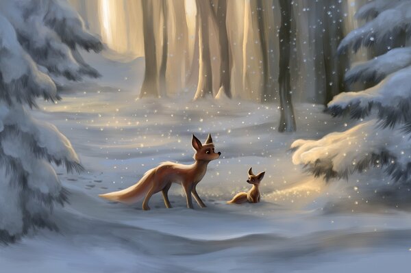 Eine gemalte Landschaft. Fuchs und Fuchs im Winterwald