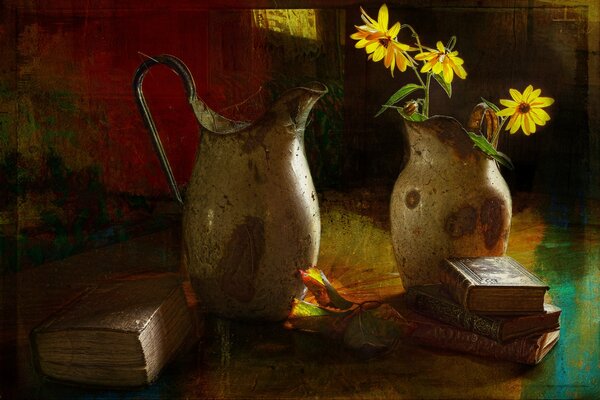 A painting with jugs, books and yellow flowers on a table, bathed in the sun