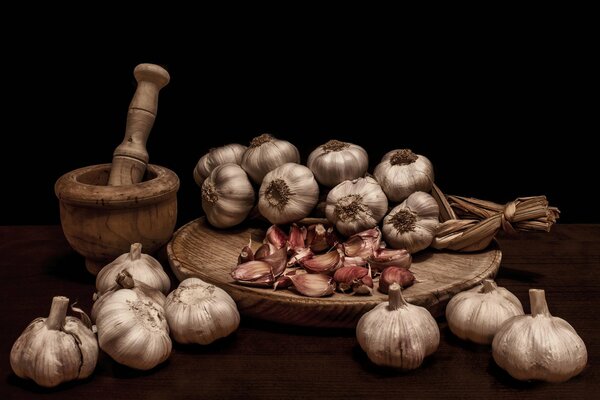 Natumort mit Knoblauchmörser und Stößel