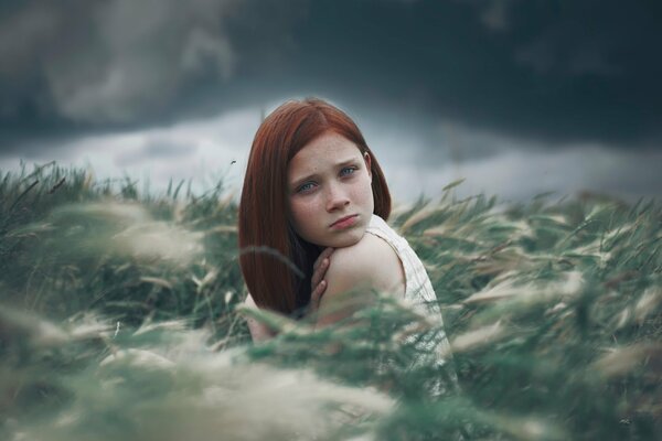 Red-haired freckled girl against the background of nature