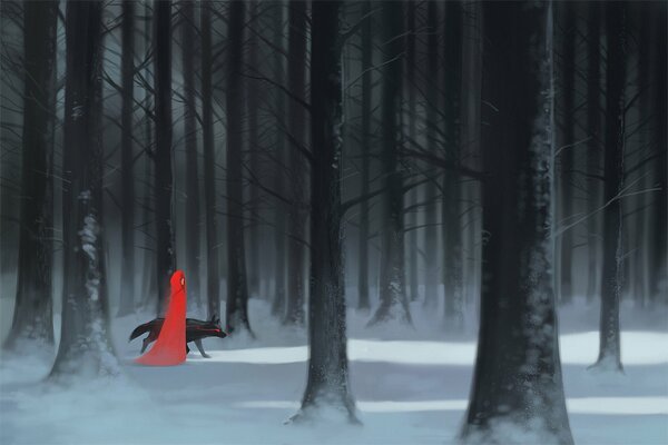 A girl in a red cloak with a black wolf in the middle of a dense forest