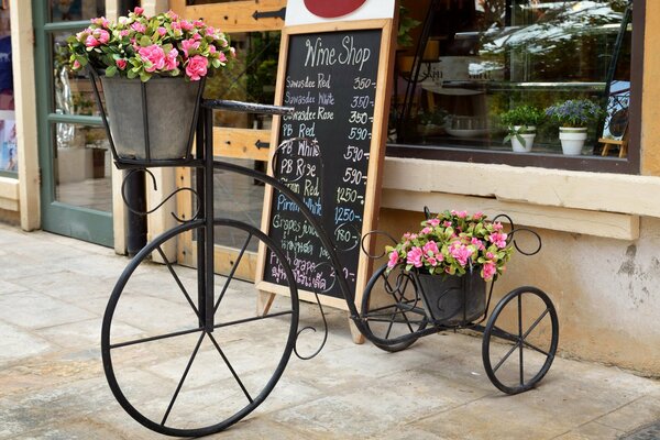 Espositore per fiori a forma di bicicletta sullo sfondo della vetrina