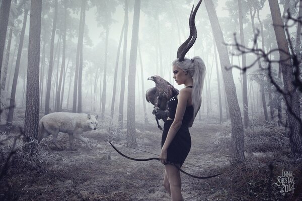 A girl with horns holding a hunting bow and an eagle in her hands