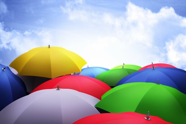 Colorful bright umbrellas in the clouds