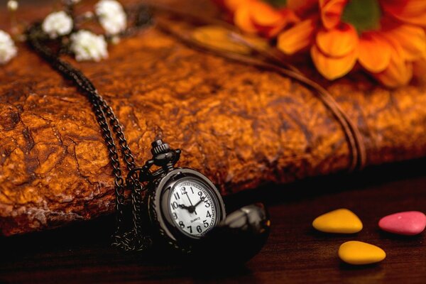 Pocket watch and flower petals