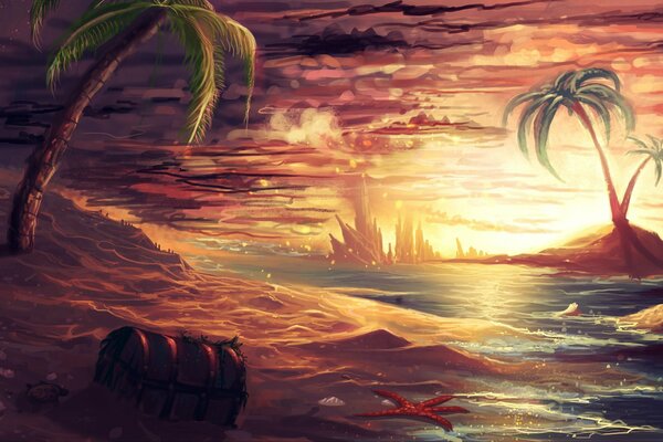 A picture of a sunset on the sea with a chest and a palm tree