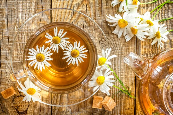 Tea with white daisies yellow