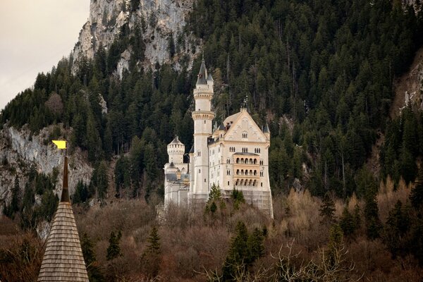 An ancient castle on the slope of a wooded mountain