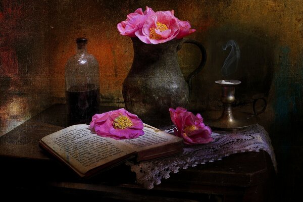 The table on which there is a jug, a book and poppies