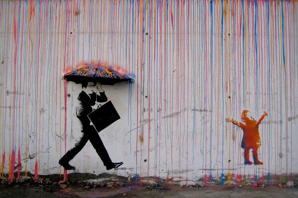 Wall painting in the style of Banksy. Rainfall