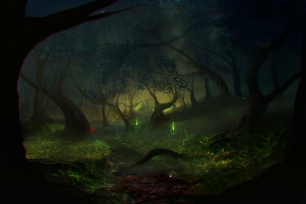 Gloomy, dark landscape, crooked trees in the night forest