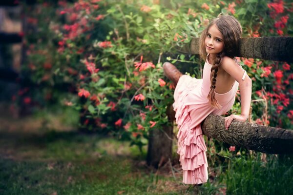 A girl with a pigtail in a pink dress on a background of flowers