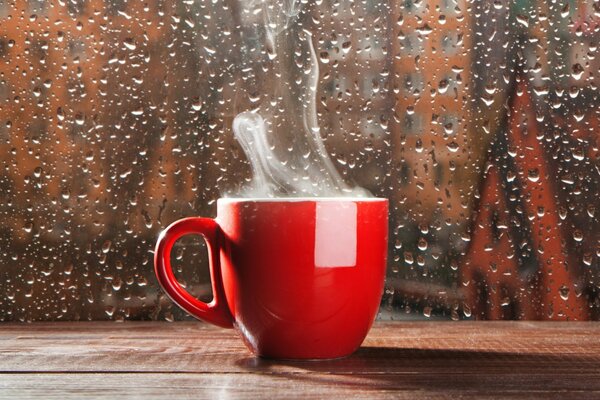 Tazza di caffè caldo con foschia durante la pioggia