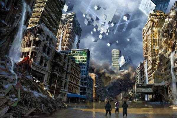 Apocalyptic destruction of the city by cubes