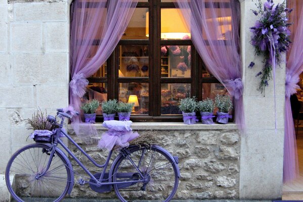 Bicicleta de color lavanda cerca del mismo color de la cafetería