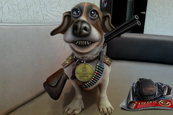 Caricature of a border guard dog with a gun and a medal