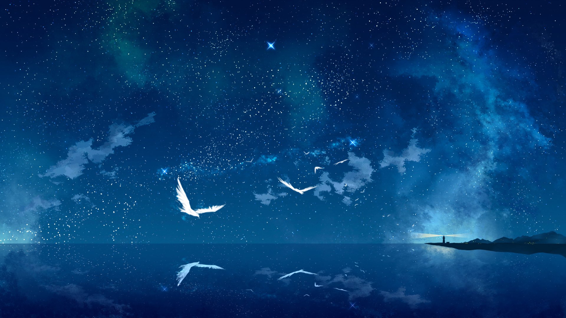 art tokumu kyuu sea lighthouse birds night star