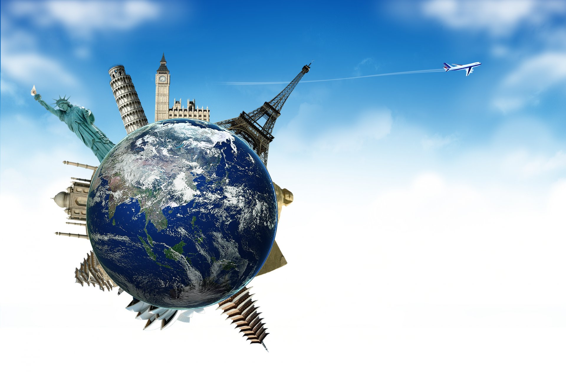 earth travel plane tourism balloon planet sky airplane clouds attractions eiffel tower statue of liberty big ben leaning tower of pisa taj mahal sphinx pyramid of cheops sydney opera house