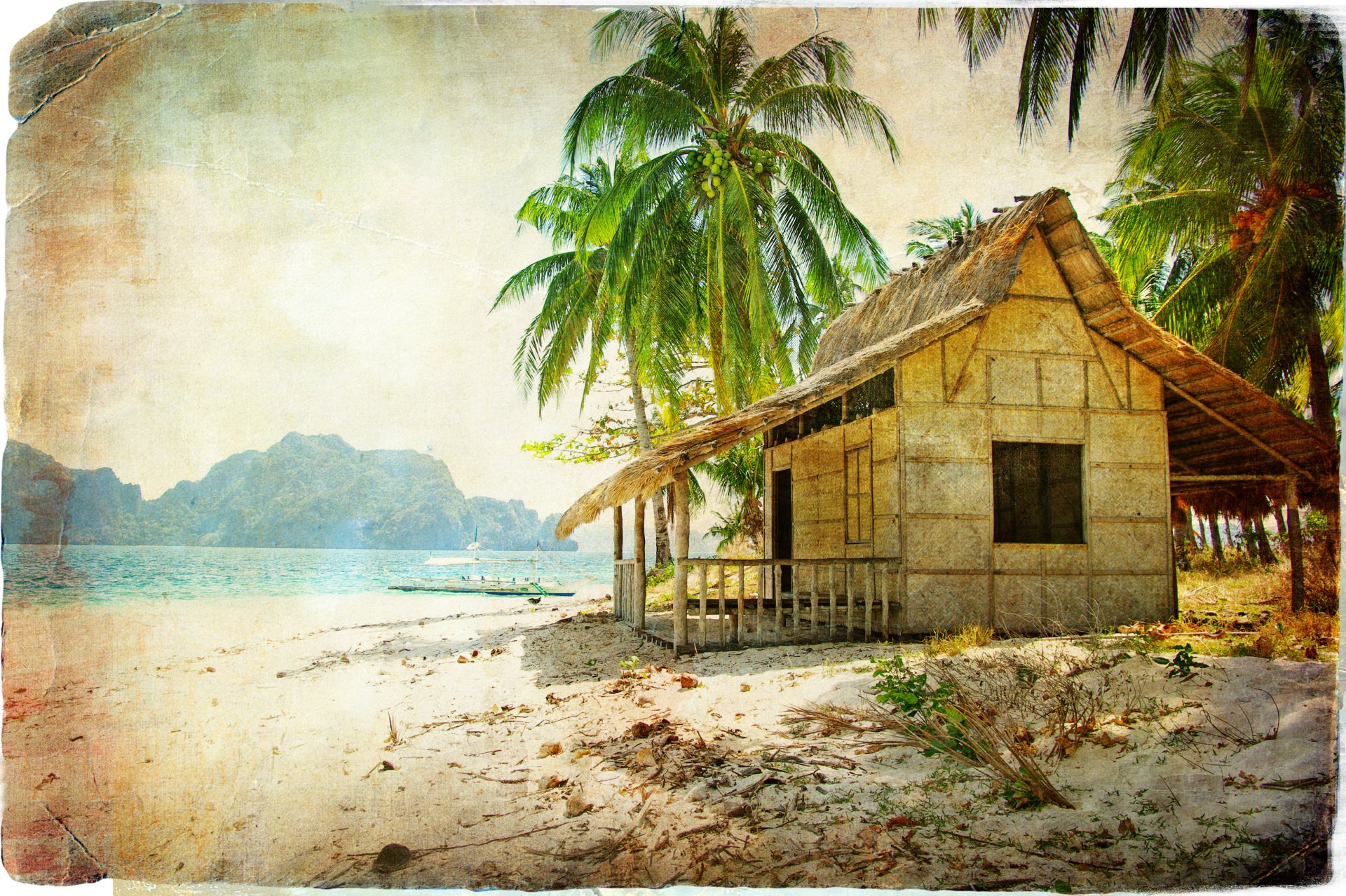 vintage vintage hut beach sea palm tree coconuts boat